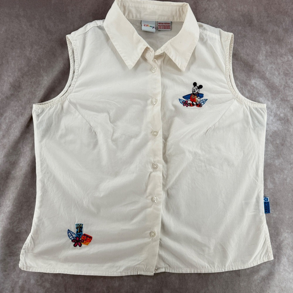 Disney Womens White Cotton Sleeveless Button Down Shirt Y2K Mickey Mouse Medium